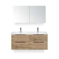 Seville Badmeubelset 120 cm - 4 laden Natuur Eik Edge - Wastafel Enjoy Dubbel - met Spiegelkast