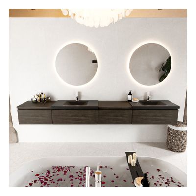 Mondiaz Bukla 280cm badmeubel met module 60 rechts kleur dark brown met 4 lades en wastafel dubbel 2 kraangaten kleur urban