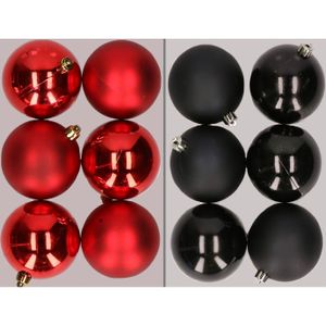 12x stuks kunststof kerstballen mix van rood en zwart 8 cm