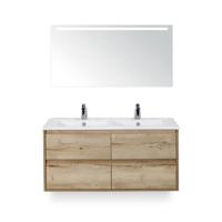 Porto Badmeubelset 120 cm - 4 laden Natuur Eiken - Keramische Wastafel Wit Slim - met Sence Spiegel