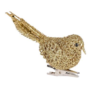 Kerstboom decoratie vogel - goud - op clip - 12 cm - kunststof - glitters