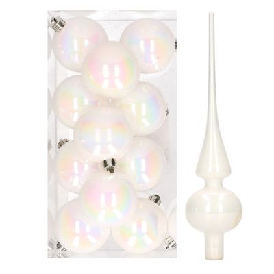 12x Parelmoer witte kunststof kerstballen met glazen piek glans