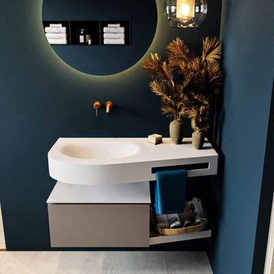 MONDIAZ RIVA 100cm badmeubel onderkast / planchet kleur Smoke met 1 lade. Wastafel DULCET links 0 kraangaten kleur Talc. MONDIAZ RIVA 100cm badmeubel onderkast / planchet kleur Smoke met 1 lade. Wastafel DULCET links 0 kraangaten kleur Talc.