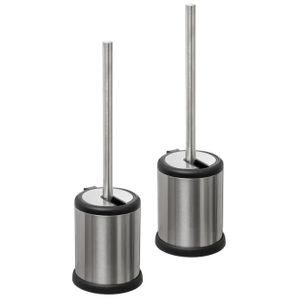 2x stuks WC-/toiletborstel met houder rond RVS met klep deksel 39 cm