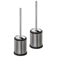 2x stuks WC-/toiletborstel met houder rond RVS met klep deksel 39 cm - thumbnail