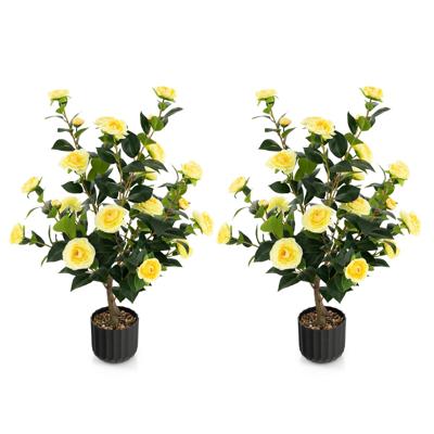Twee 95 cm Kunstcamelia Kunstplant met Nepbloemen in een Cementpot Nepbloemenplant Winkeldecoratie Kantoordecoratie (2 , Geel）