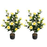 Twee 95 cm Kunstcamelia Kunstplant met Nepbloemen in een Cementpot Nepbloemenplant Winkeldecoratie Kantoordecoratie (2 , Geel）
