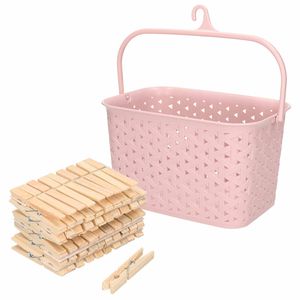 Wasknijpers mandje met ophanghaak - roze - gevuld met 100x houten wasknijpers van 7 cm - knijperszakken