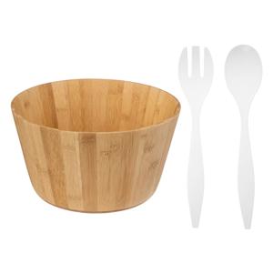Grote Salade schaal met wit sla couvert - bamboe - lichtbruin - serveerschaal - D30 x H16 cm