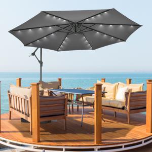 3 m Tuinparasol met Zandzakken Parasol met 32 LED-lichten UV-Bescherming Terrasparasol voor Tuin Zwembad Terras Grijs