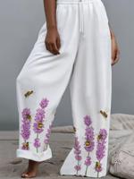 Women's  Elastic Waist H-Line Wide Leg Pants White Casual Pocket Stitching Floral Spring/Fall Pant - thumbnail