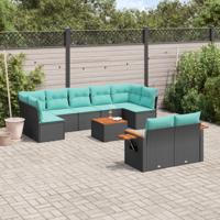 10-delige Loungeset met kussens poly rattan zwart