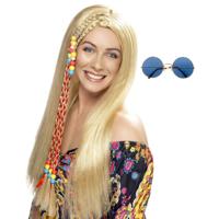 Hippie Sixties Flower Power verkleedset dames - Pruik blond - bril ronde glazen blauw