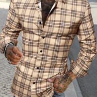 Bon&Bon Homme Men's Plaid Print Long Sleeve Shirt - Pink Regular Fit Khaki / S