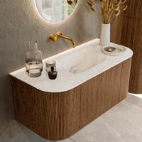 Mondiaz KURVE-DLUX 100 cm Onderkast Greeploos 1 Lade Met Deuren Walnut, Wastafel Solid Surface MIdden Frappe 0 Kraangaten Zonder Spiegel (KRVGRU100L+R1L2D0KM-Wal/Fra)