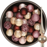 37x stuks kunststof kerstballen 6 cm incl. glazen piek roze en bruin tinten