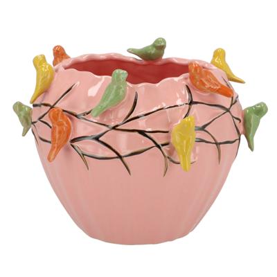 Bloempot/plantenpot Spring birds - roze - keramiek - D28 x H22 cm