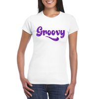 Wit Flower Power t-shirt Groovy met paarse letters dames - thumbnail