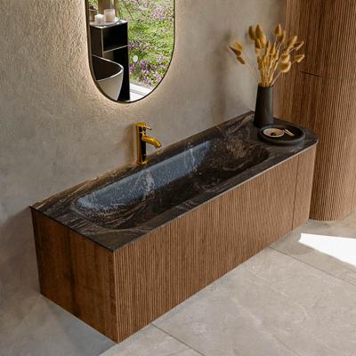 Mondiaz KURVE-DLUX 135 cm Onderkast Greeploos 1 Lade Met Deuren Walnut, Wastafel Solid Surface Links Lava 1 Kraangat Zonder Spiegel (KRVBGM135R1L1D1KL-Wal/Lav)