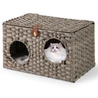 Kattenhuis van PE-rattan Opvouwbaar Kattenbed met Afneembare Kussen en Afsluitbaar Deksel 60 x 35 x 35 cm
