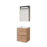 Basic-Line Premium 46 Badkamermeubelset - 50 x 46 cm - Greeploos - 2 Lades - Acryl Wastafel - Zonder Kraangat - Spiegelkast met LED Verlichting - Whisky Oak