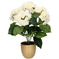 Hortensia kunstplant/kunstbloemen 40 cm - wit - in pot goud mat - thumbnail