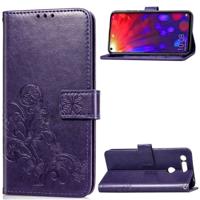Lucky Clover ingedrukt bloemen patroon lederen draagtas voor Huawei V20 met houder & kaartsleuven & portemonnee & hand strap (paars)