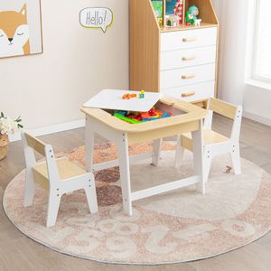 Kindertafel met 2 Stoelen 3-Delige Houten Kinderzitgroep met Dubbelzijdig Tafelblad 3-In-1 Tekentafel & Knutseltafel en Activiteitentafel