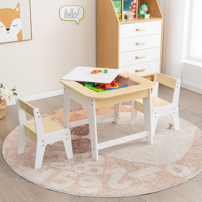 Kindertafel met 2 Stoelen 3-Delige Houten Kinderzitgroep met Dubbelzijdig Tafelblad 3-In-1 Tekentafel & Knutseltafel en Activiteitentafel