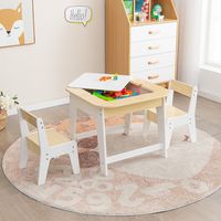 Kindertafel met 2 Stoelen 3-Delige Houten Kinderzitgroep met Dubbelzijdig Tafelblad 3-In-1 Tekentafel & Knutseltafel en Activiteitentafel