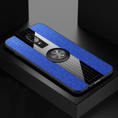 Voor OnePlus 6 XINLI stiksels doek Textue schokbestendig TPU beschermhoes met ring houder (blauw)