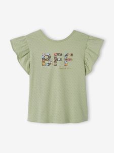 Meisjes-T-shirt met motief en ruches aan de mouwen saliegroen
