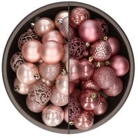 74x stuks kunststof kerstballen mix van velvet roze en lichtroze 6 cm