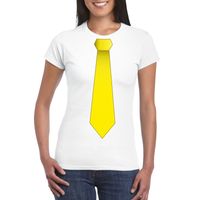 Wit t-shirt met gele stropdas dames - thumbnail