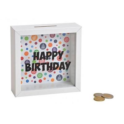 Spaarpot Happy Birthday - met glas - wit - 15 cm - hout - noodbox spaarpotten - Cadeau idee
