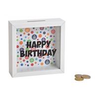 Spaarpot Happy Birthday - met glas - wit - 15 cm - hout - noodbox spaarpotten - Cadeau idee