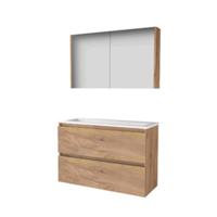 Basic-Line Comfort 39 Badkamermeubelset - Ondiep - 100 x 39 cm - Greeploos - 2 Lades - Acryl Wastafel - Zonder Kraangat - Spiegelkast - Whisky Oak
