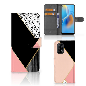 OPPO A74 4G Book Case Zwart Roze Vormen