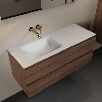 Mondiaz Aivy 120 cm badmeubelset mocha - met wastafel talc zonder kraangaten links met spiegel