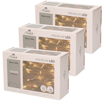 Set van 3x stuks kerstverlichting warm wit 120 leds met dimmer en timer functie 1200 cm