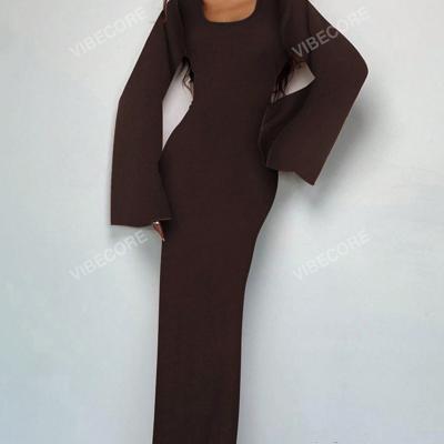 Bon & Bon Brown Square Neck Bodycon Long Dress - Flare Sleeve Mermaid Hem Brown / L