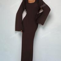 Bon & Bon Brown Square Neck Bodycon Long Dress - Flare Sleeve Mermaid Hem Brown / L