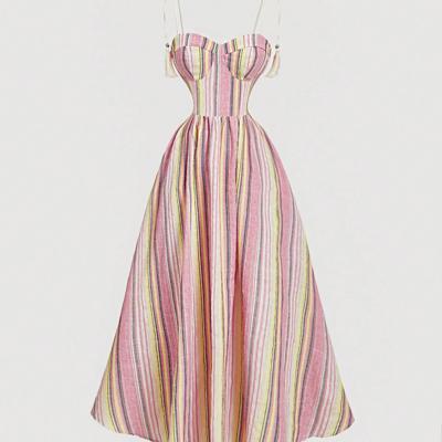 Bon&Bon Women's Striped Bohemian Midi Dress | High Waist Ruched Cami XS