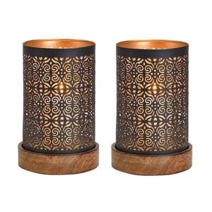 Waxinelicht/theelicht houders Maroc - 3x - koper/zwart - op houten voet - 18 x 10 cm