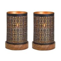 Waxinelicht/theelicht houders Maroc - 3x - koper/zwart - op houten voet - 18 x 10 cm