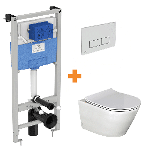 Luca Varess Calibro hangend toilet en fino wc-bril hoogglans wit randloos met inbouwreservoir en gratis Ideal Standard Oleas M2 mat chroom bedieningspaneel