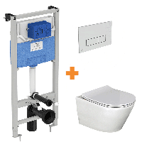 Luca Varess Calibro hangend toilet en fino wc-bril hoogglans wit randloos met inbouwreservoir en gratis Ideal Standard Oleas M2 mat chroom bedieningspaneel