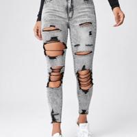 Bon&Bon Women's High Waist Skinny Jeans - Ripped Light Grey Denim Light Grey / S