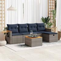 6-delige Loungeset met kussens poly rattan grijs