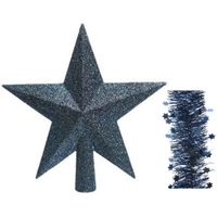 Kerstversiering kunststof glitter ster piek 19 cm en sterren slingers pakket donkerblauw 3x stuks - thumbnail